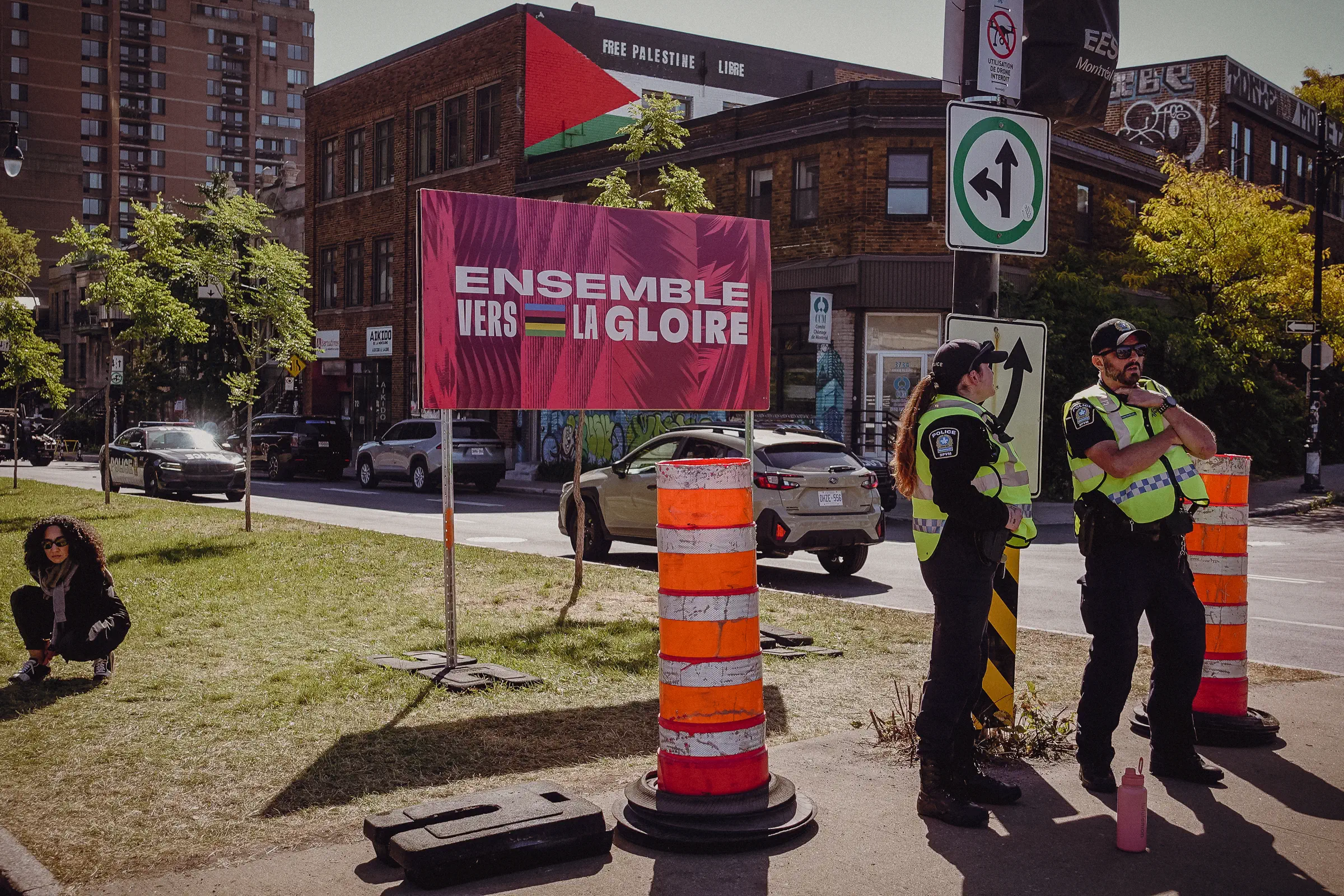 World Championships signage, cones and police mark out the course as Montréal prepares for race week